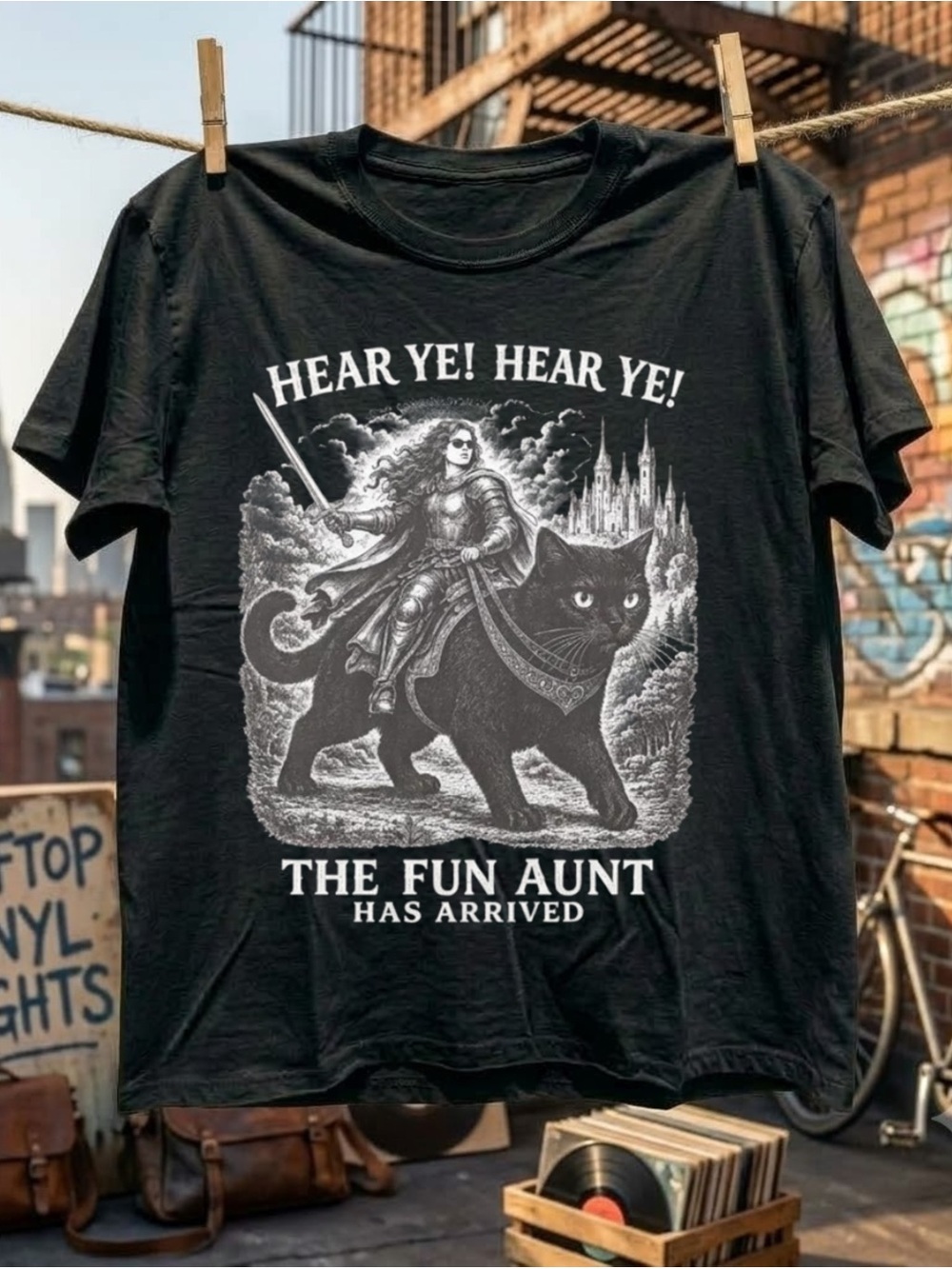 Fun Aunt Knight Riding Black Cat T-Shirt, Funny Auntie Cat Meme T-Shirt